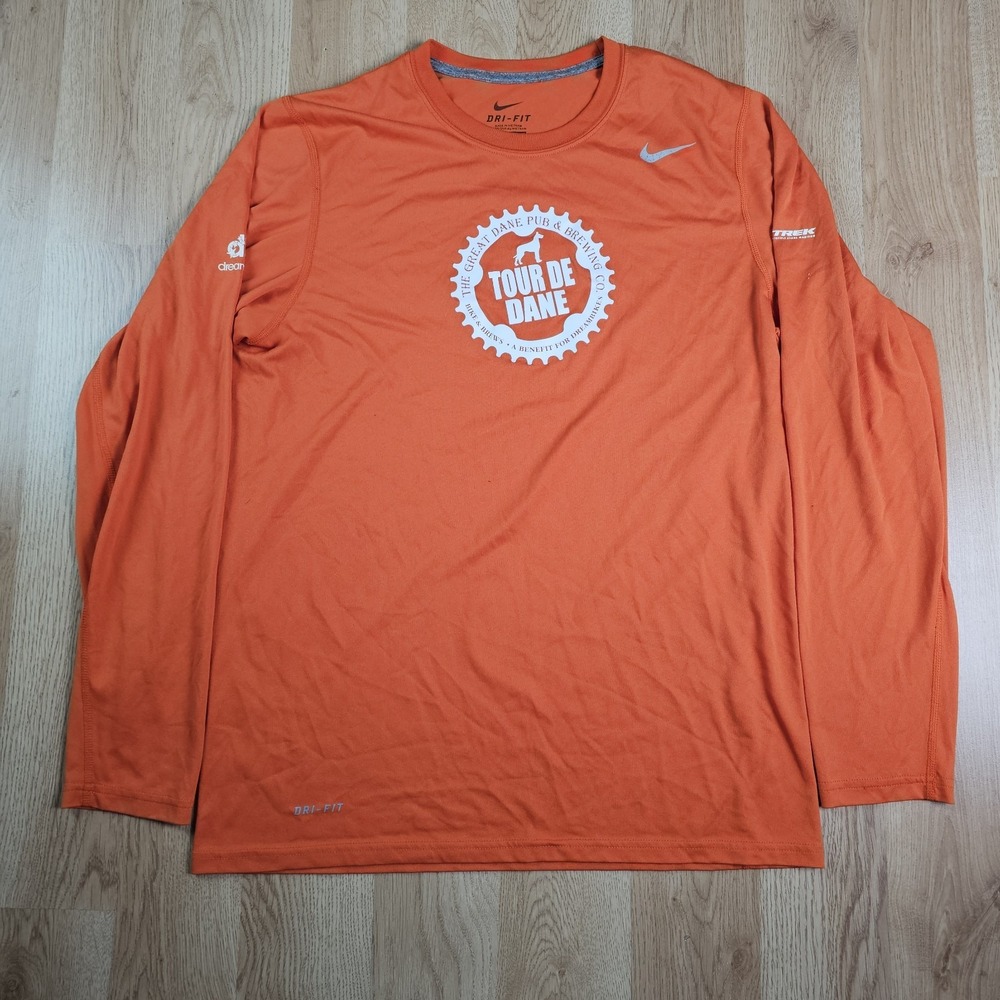 Nike Dri-Fit Shirt Mens XL Orange Long Sleeve Training Mafison Great Dane Pub